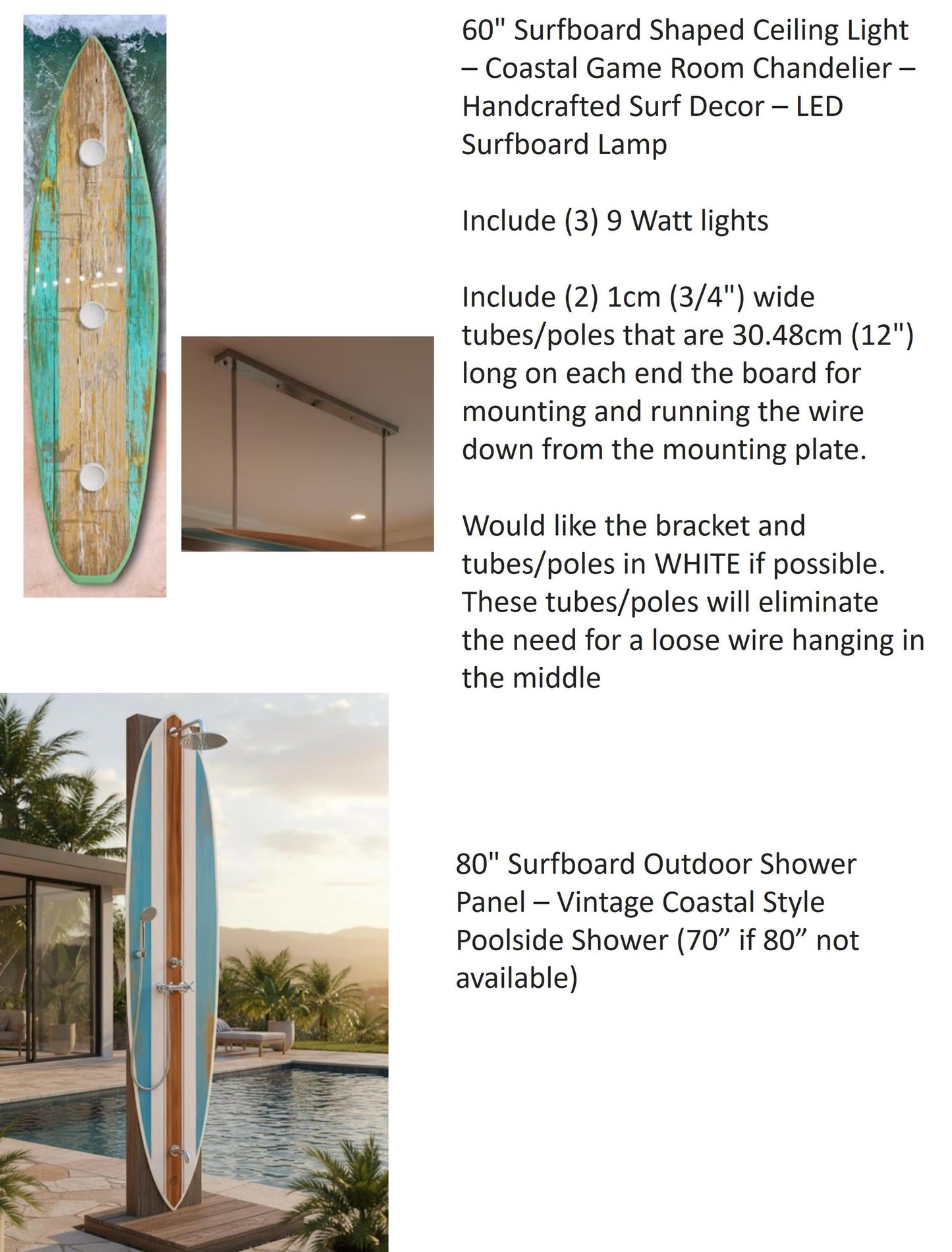 60" pool light board and a 70" shower board