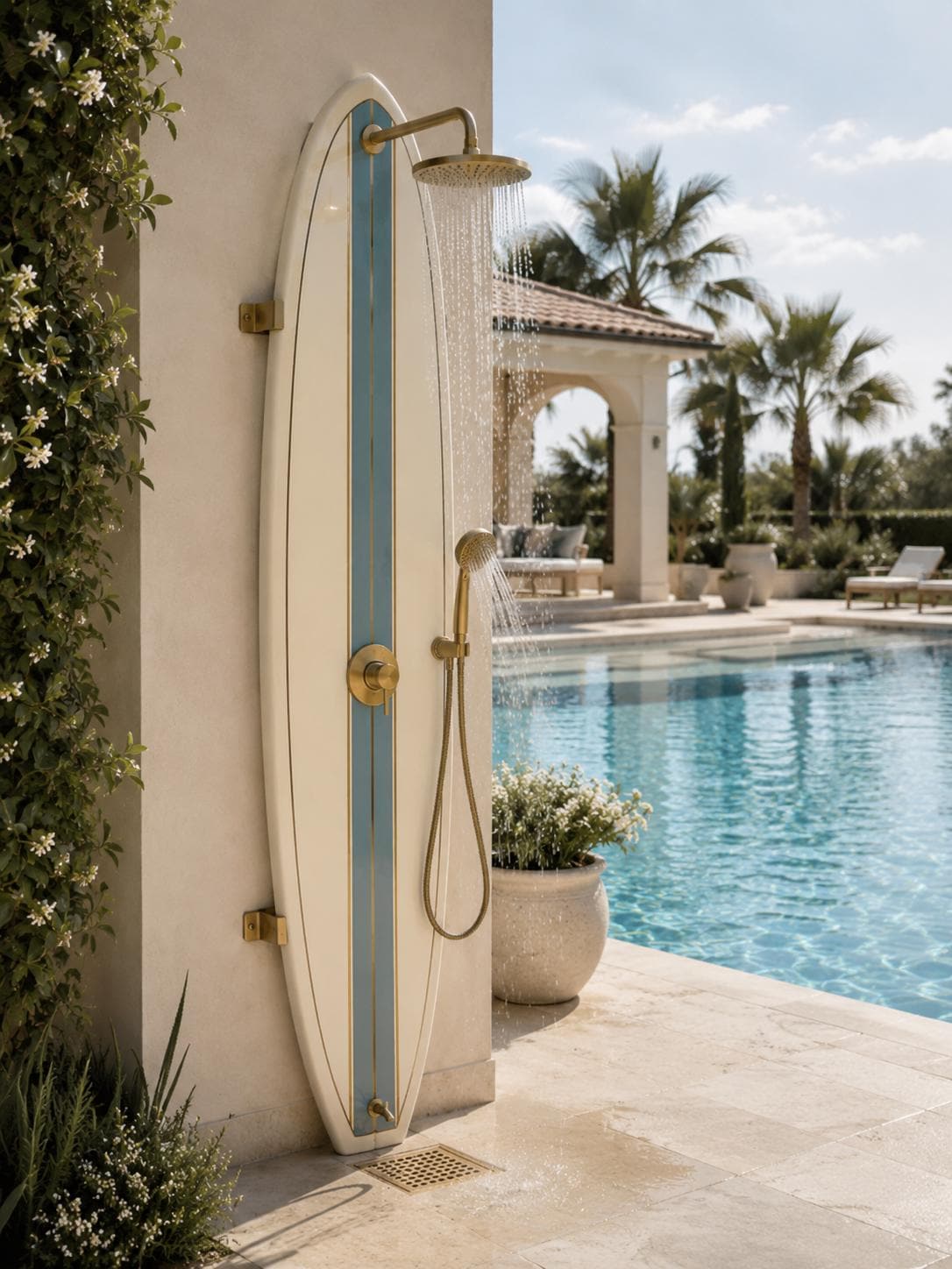 Classic Surfboard Shower Panel – Coastal Outdoor Shower for Garden, Patio & Poolside