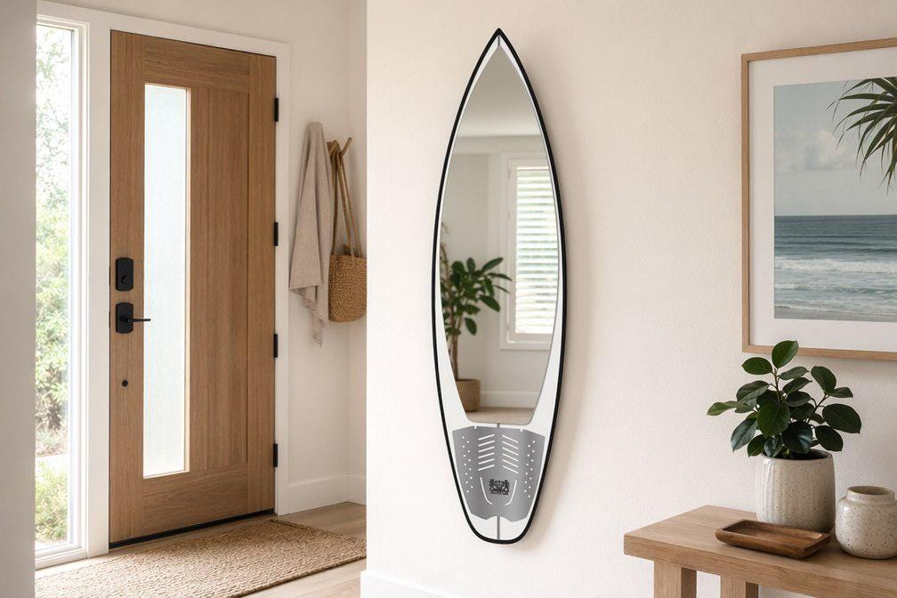 Surfboard Mirror with Traction Pad – Coastal Wall Mirror for Beach House Entryway