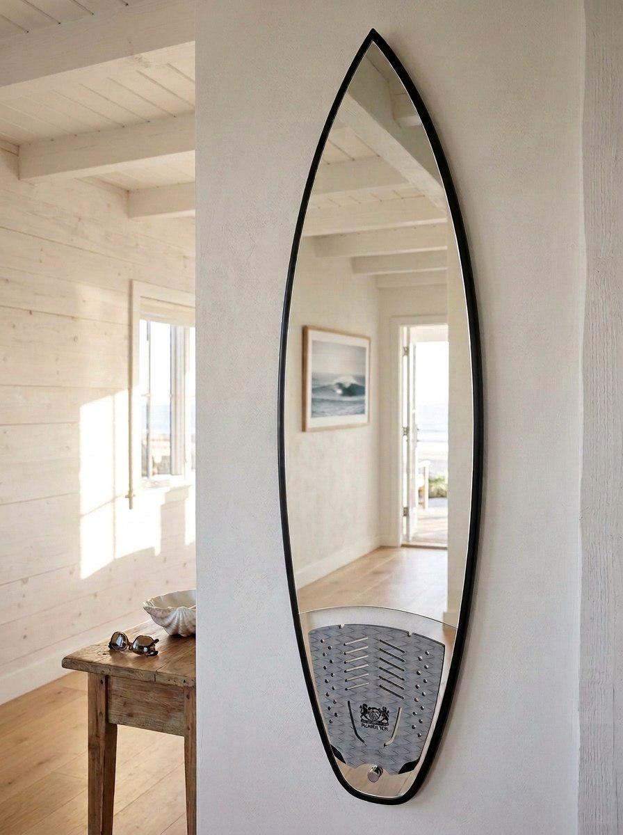 Surfboard Mirror with Traction Pad – Coastal Wall Mirror for Beach House Entryway