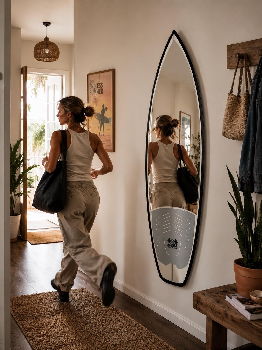 Surfboard Mirror with Traction Pad – Coastal Wall Mirror for Beach House Entryway