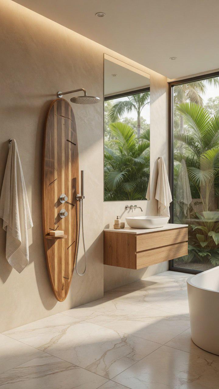 Surfboard Shower Panel, Natural Wood Coastal Bathroom Art, Outdoor Pool Decor