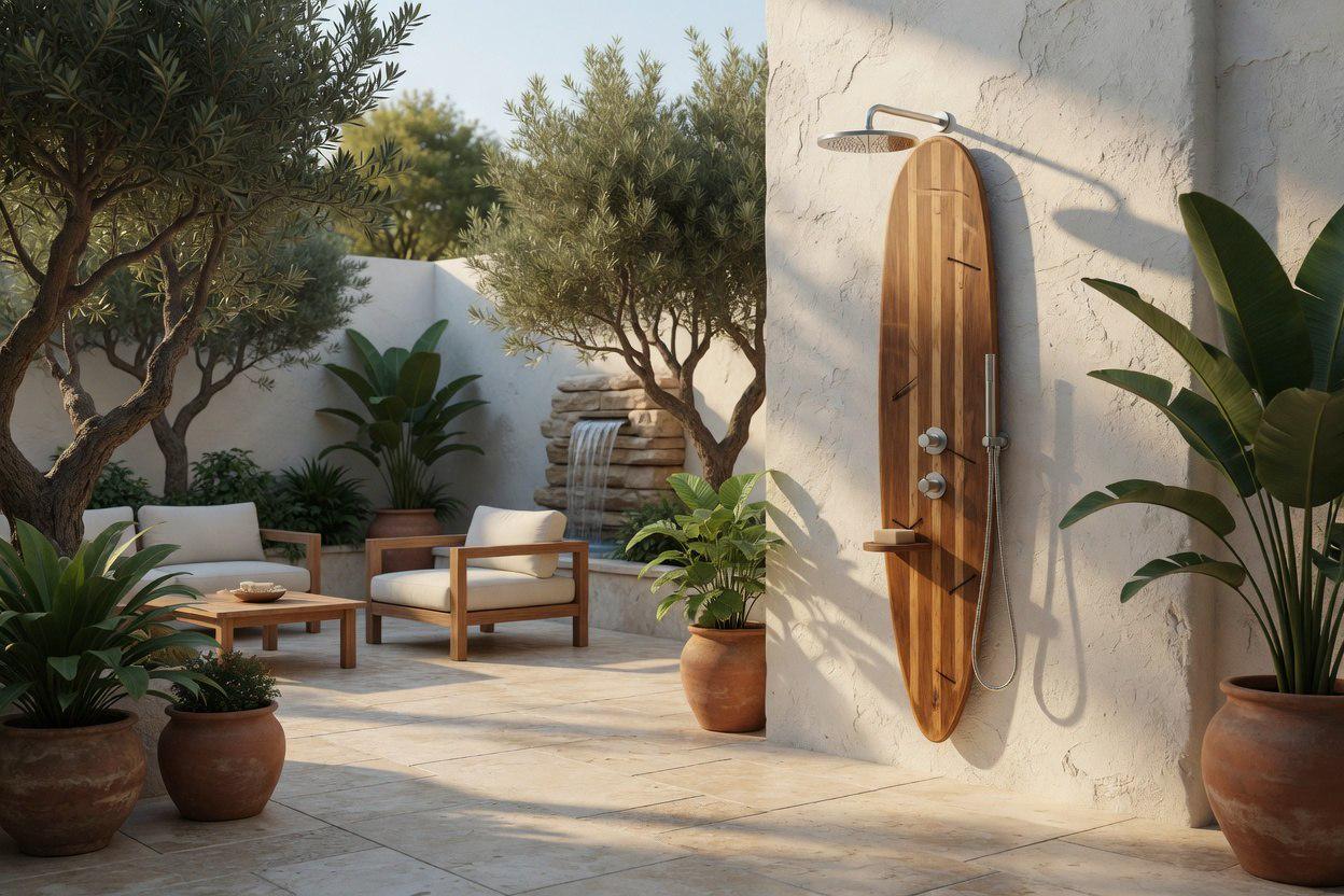 Surfboard Shower Panel, Natural Wood Coastal Bathroom Art, Outdoor Pool Decor