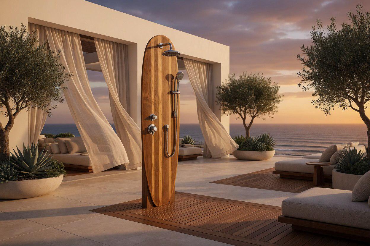 Surfboard Shower Panel, Natural Wood Coastal Bathroom Art, Outdoor Pool Decor