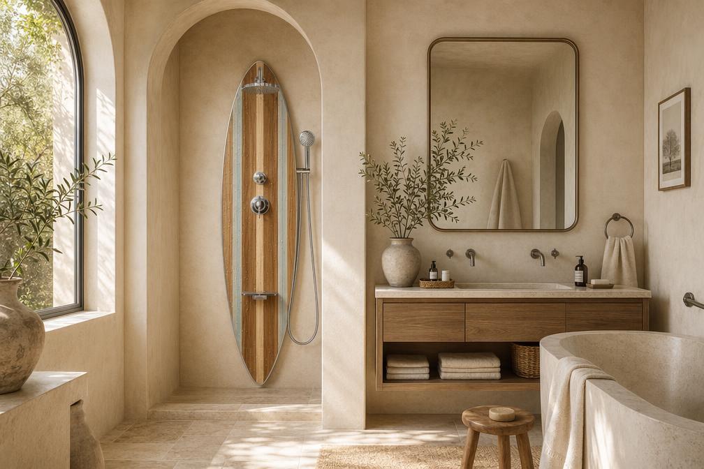 Surfboard Shower Panel, Wood Coastal Bathroom Decor, Turquoise Stripe Beach House Art