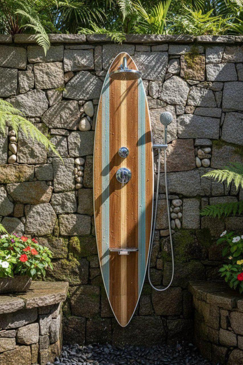 Surfboard Shower Panel, Wood Coastal Bathroom Decor, Turquoise Stripe Beach House Art