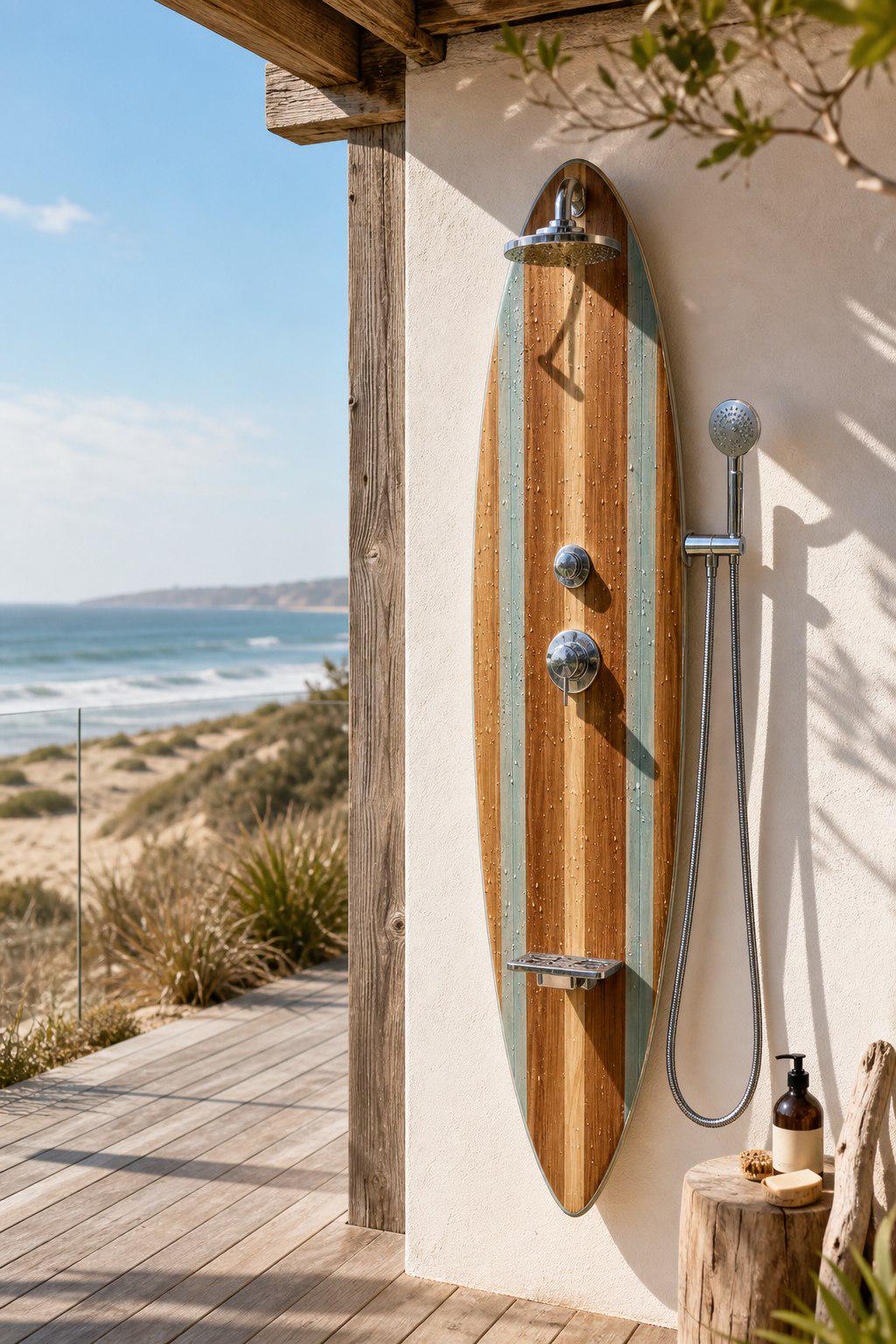 Surfboard Shower Panel, Wood Coastal Bathroom Decor, Turquoise Stripe Beach House Art