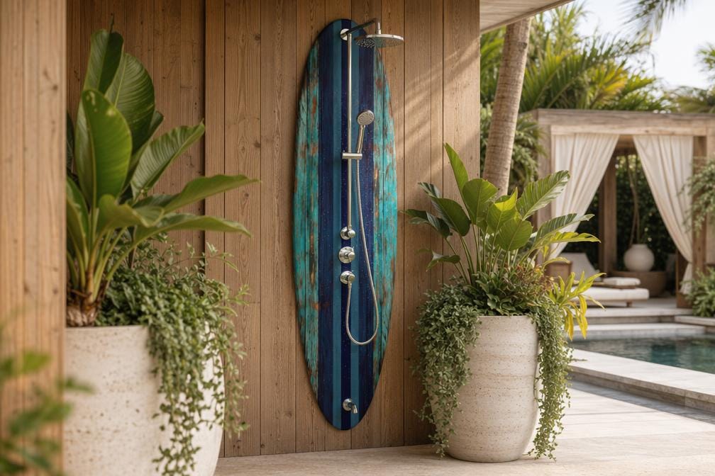 Surfboard Shower Panel, Weathered Turquoise Coastal Decor, Rustic Surf Art