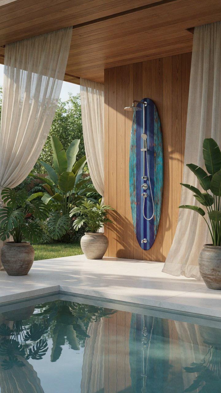 Surfboard Shower Panel, Weathered Turquoise Coastal Decor, Rustic Surf Art