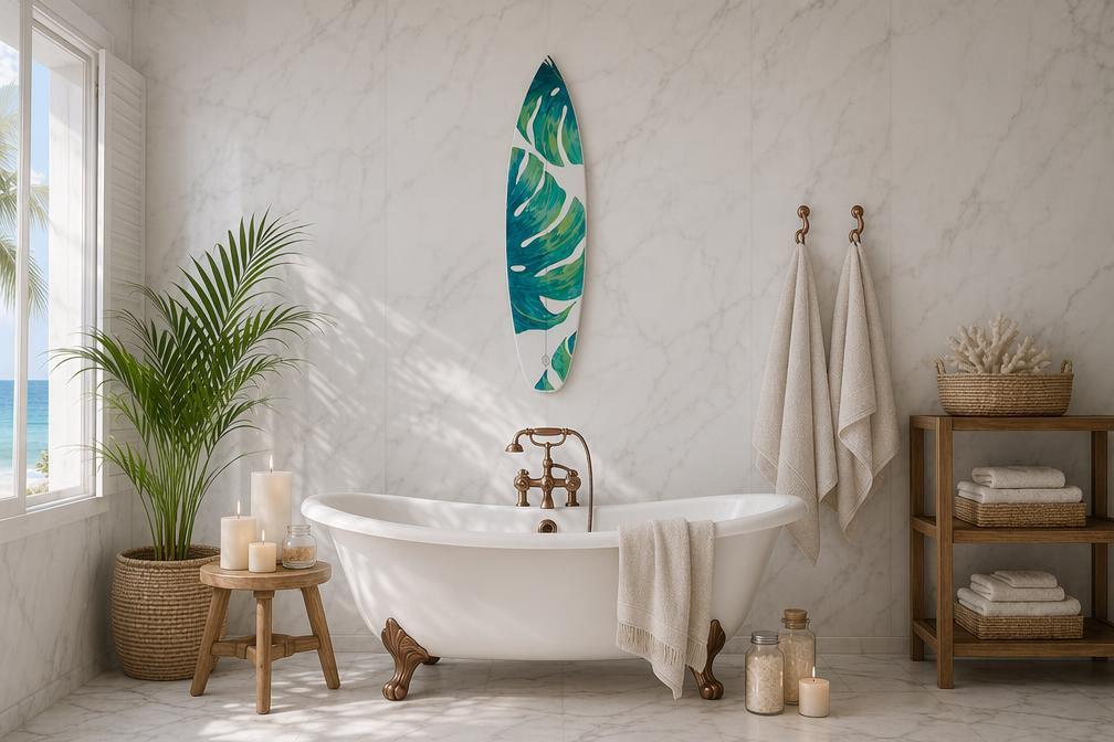 Surfboard with green monstera leaves
