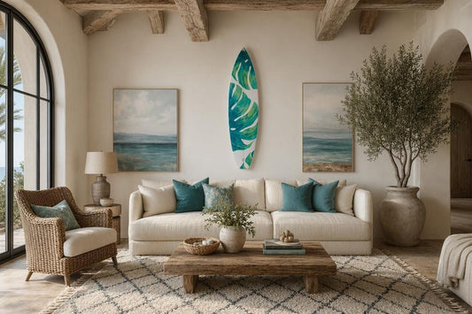 Surfboard with green monstera leaves