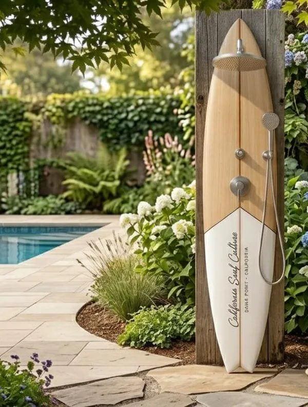 Surfboard Shower Panel – California Style Outdoor Shower, Poolside Surf Decor for Beach House