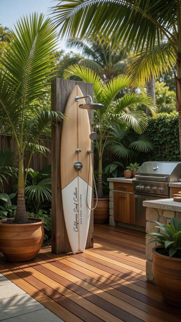 Surfboard Shower Panel – California Style Outdoor Shower, Poolside Surf Decor for Beach House