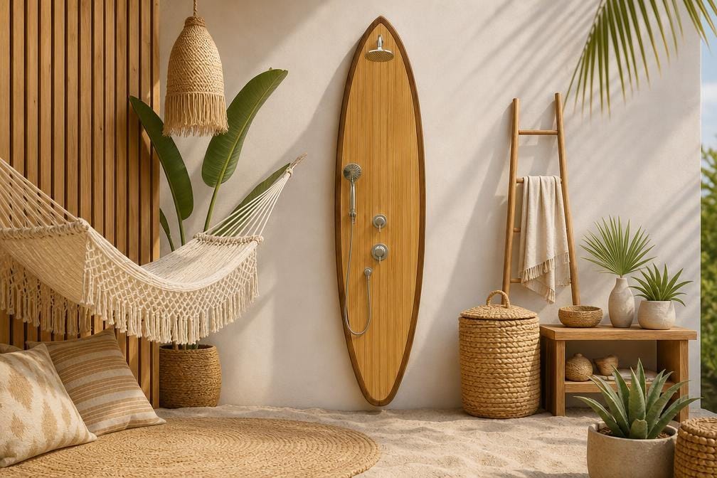 Surfboard Shower Panel – Modern Outdoor Shower for Poolside & Coastal Homes