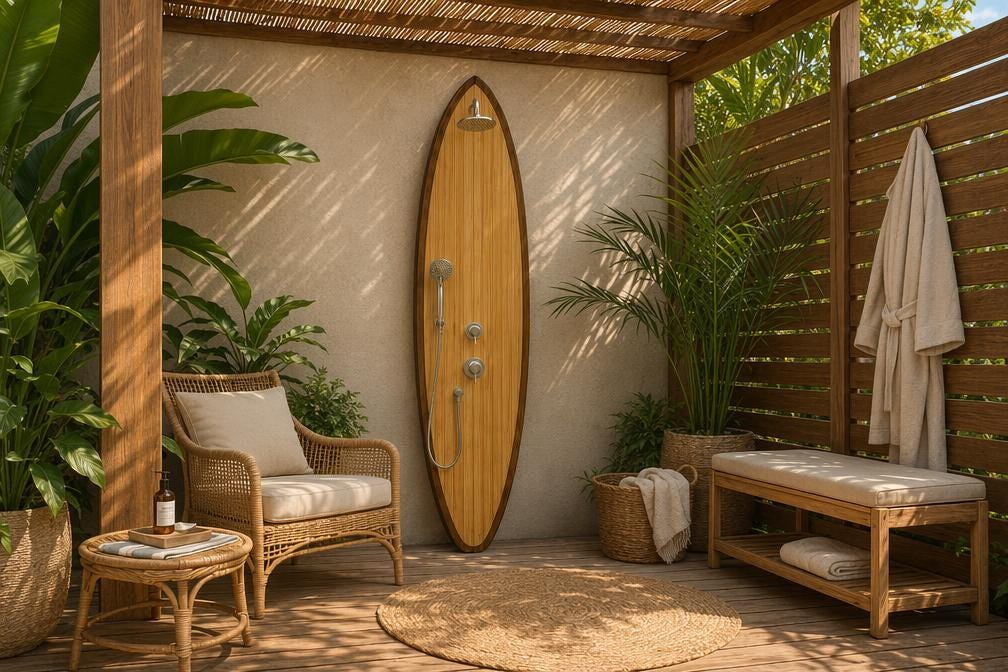 Surfboard Shower Panel – Modern Outdoor Shower for Poolside & Coastal Homes
