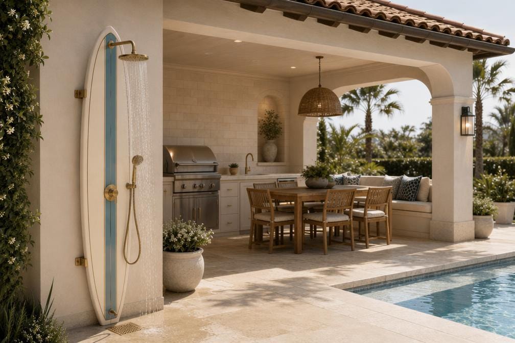 Classic Surfboard Shower Panel – Coastal Outdoor Shower for Garden, Patio & Poolside