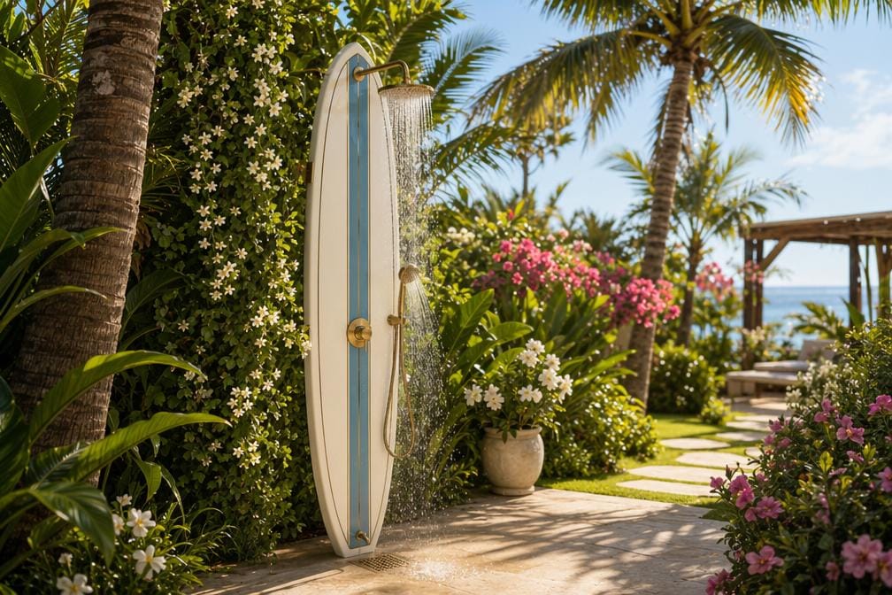 Classic Surfboard Shower Panel – Coastal Outdoor Shower for Garden, Patio & Poolside