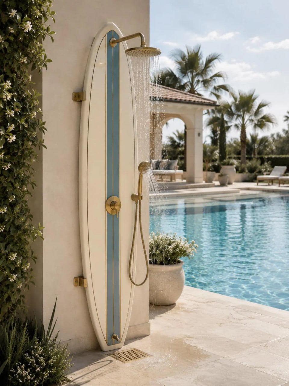 Classic Surfboard Shower Panel – Coastal Outdoor Shower for Garden, Patio & Poolside