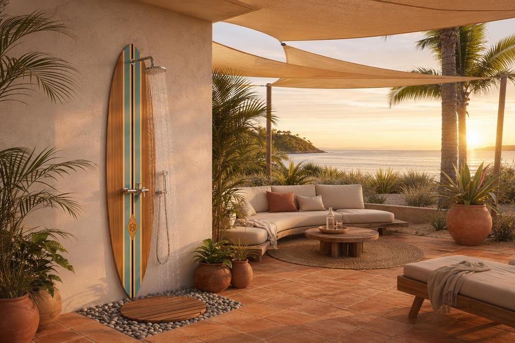 Surfboard Outdoor Shower Panel – Vintage Coastal Garden Wall Shower