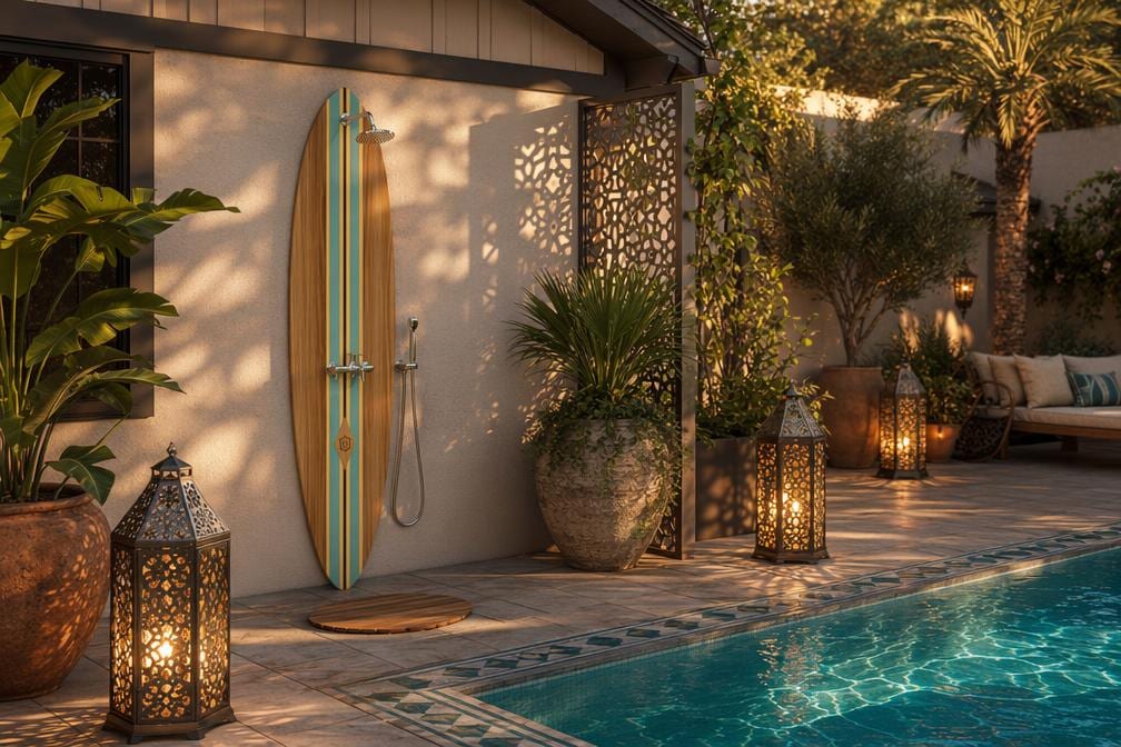 Surfboard Outdoor Shower Panel – Vintage Coastal Garden Wall Shower