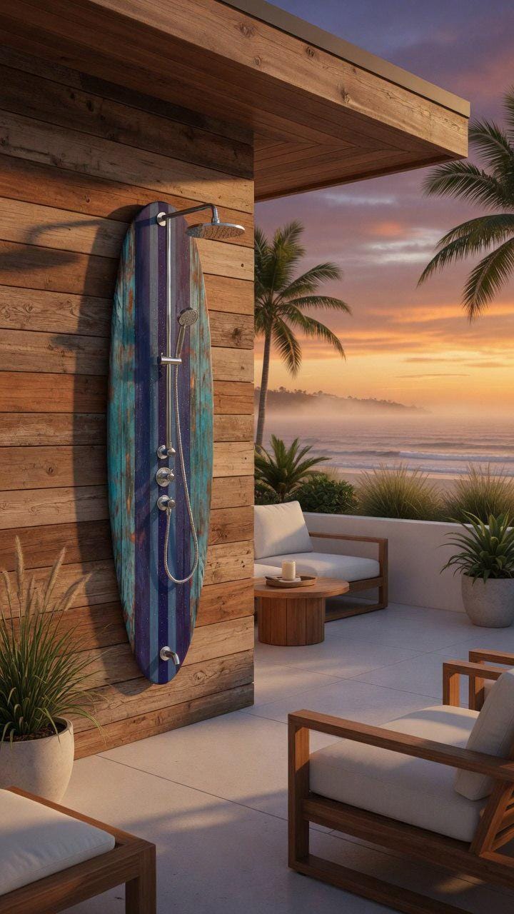 Surfboard Shower Panel, Weathered Turquoise Coastal Decor, Rustic Surf Art