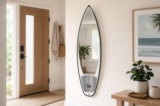 Surfboard Mirror with Traction Pad – Coastal Wall Mirror for Beach House Entryway