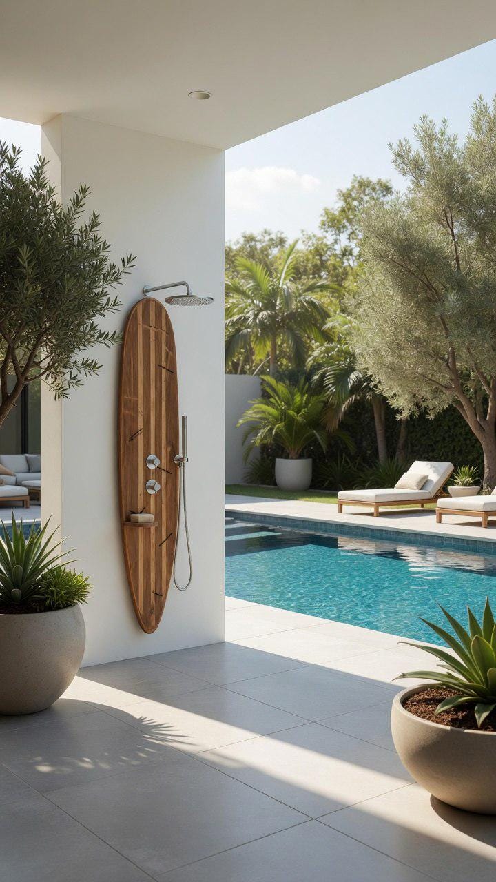 Surfboard Shower Panel, Natural Wood Coastal Bathroom Art, Outdoor Pool Decor