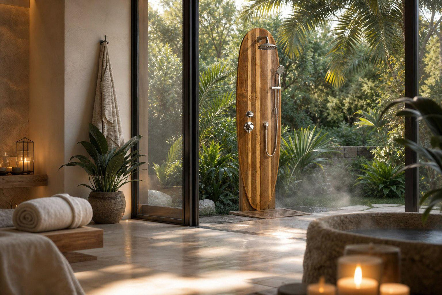 Surfboard Shower Panel, Natural Wood Coastal Bathroom Art, Outdoor Pool Decor