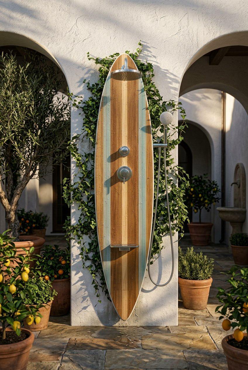 Surfboard Shower Panel, Wood Coastal Bathroom Decor, Turquoise Stripe Beach House Art
