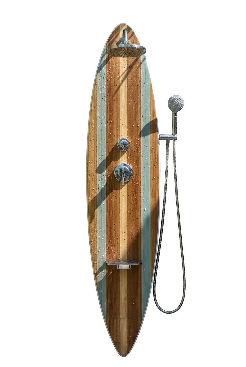 Surfboard Shower Panel, Wood Coastal Bathroom Decor, Turquoise Stripe Beach House Art