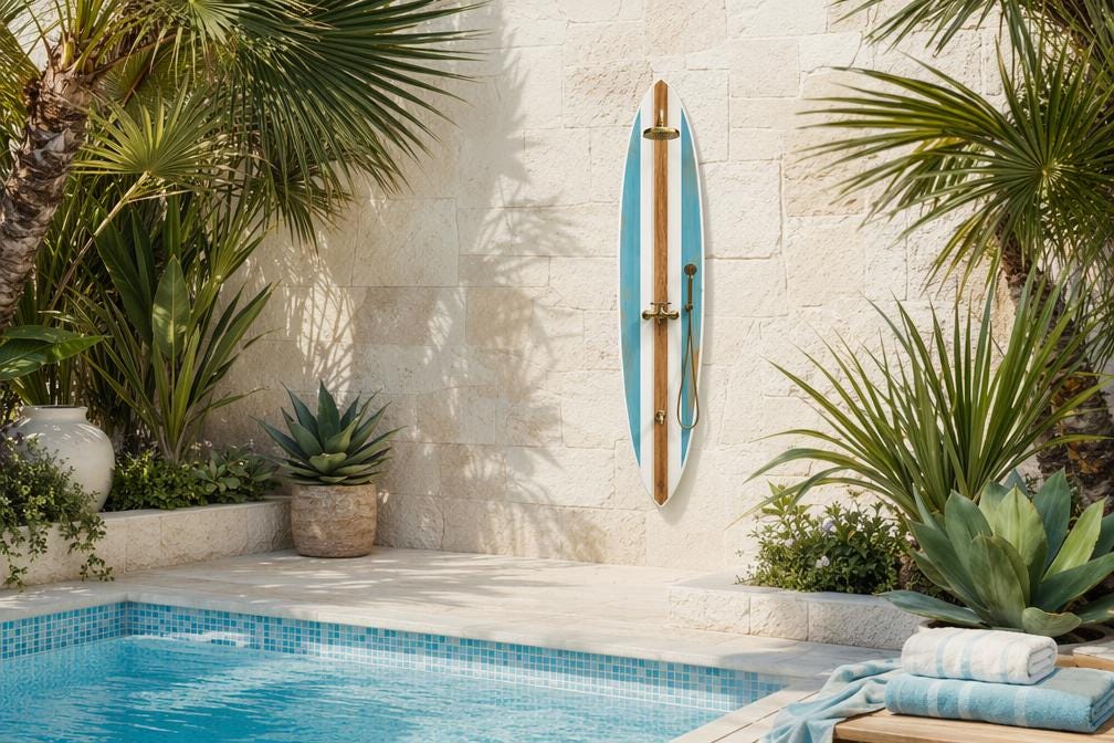 Surfboard Outdoor Shower Panel – Vintage Coastal Style Poolside Shower