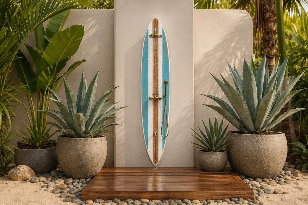 Surfboard Outdoor Shower Panel – Vintage Coastal Style Poolside Shower