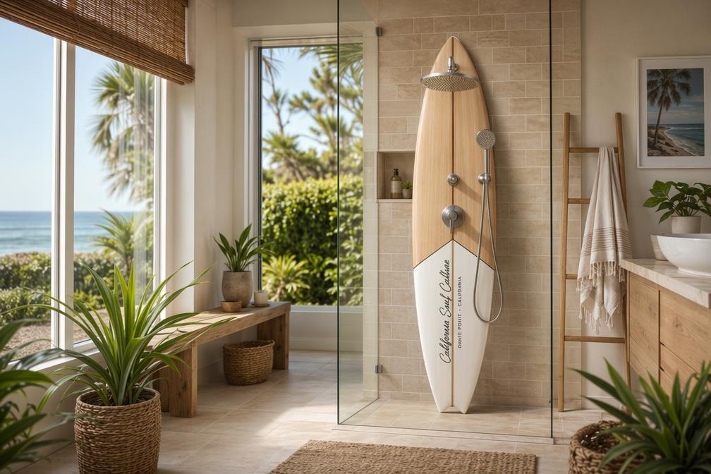 Surfboard Shower Panel – California Style Outdoor Shower, Poolside Surf Decor for Beach House