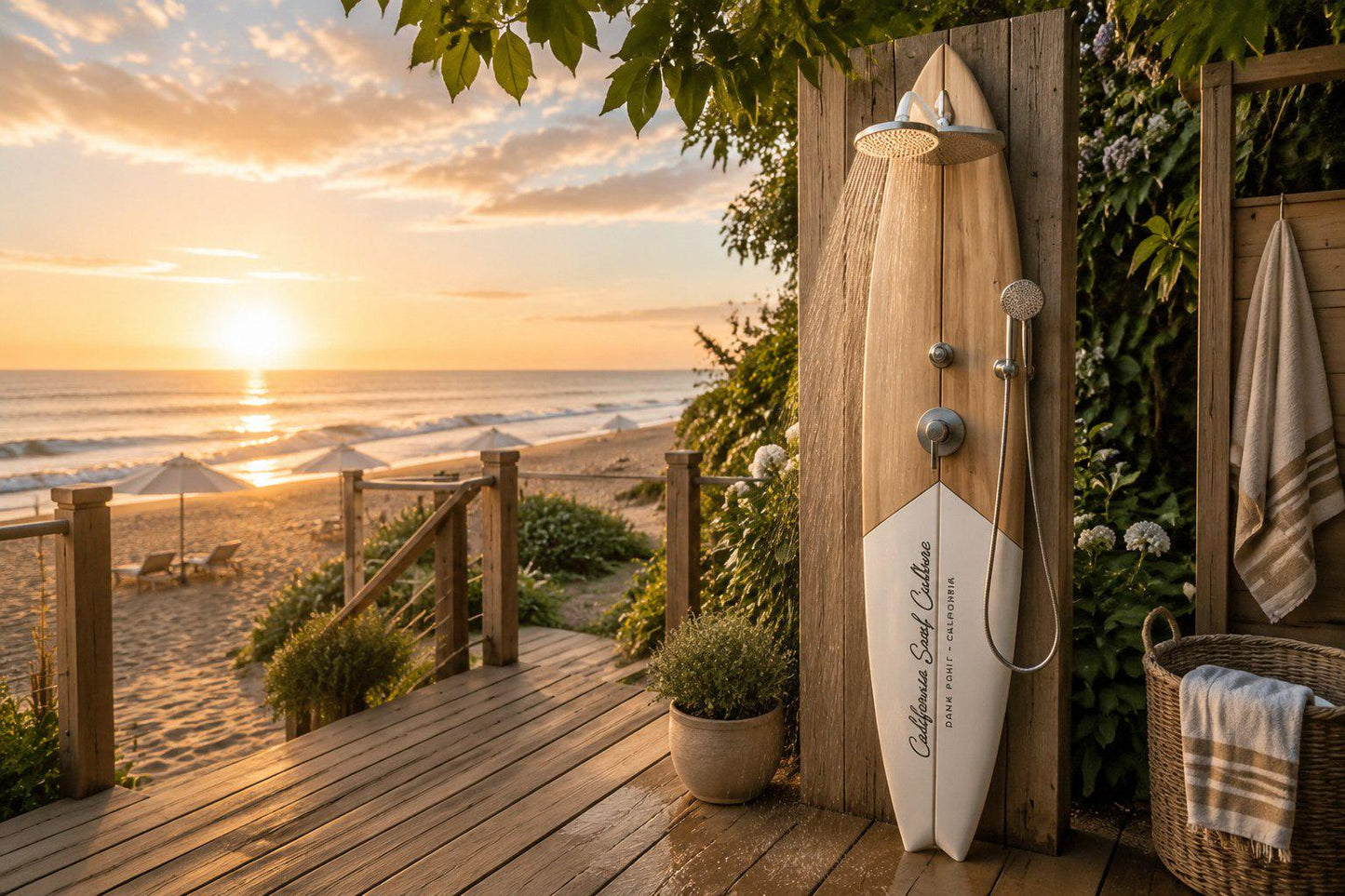 Surfboard Shower Panel – California Style Outdoor Shower, Poolside Surf Decor for Beach House