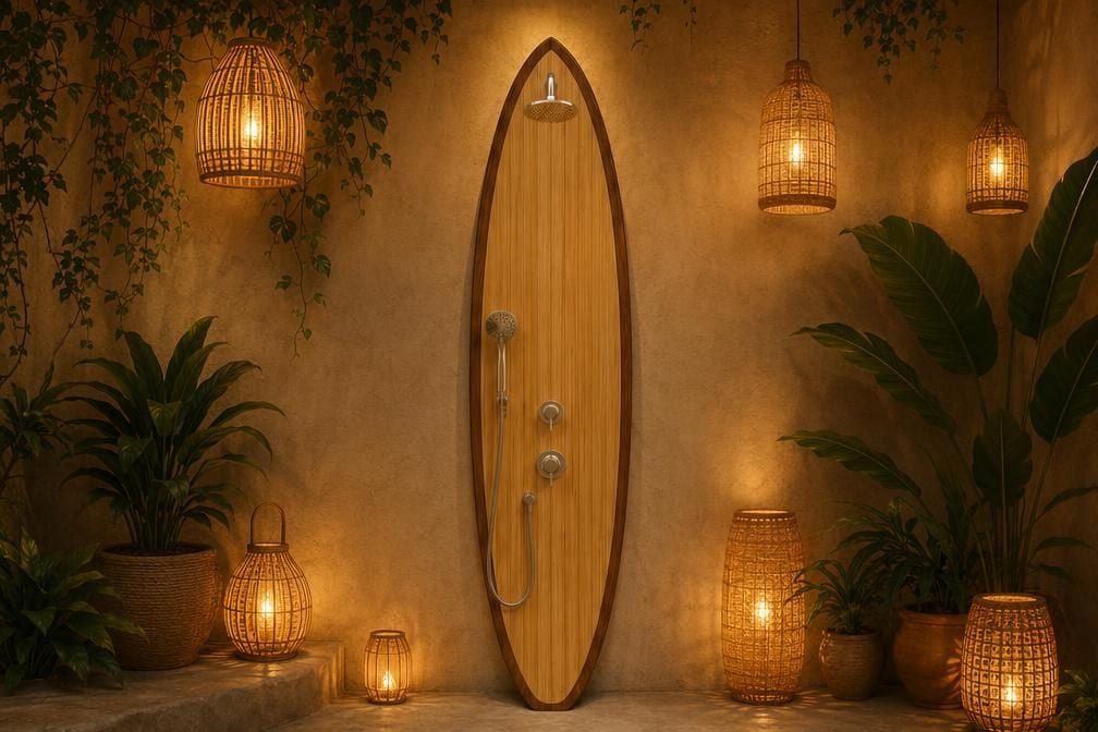 Surfboard Shower Panel – Modern Outdoor Shower for Poolside & Coastal Homes