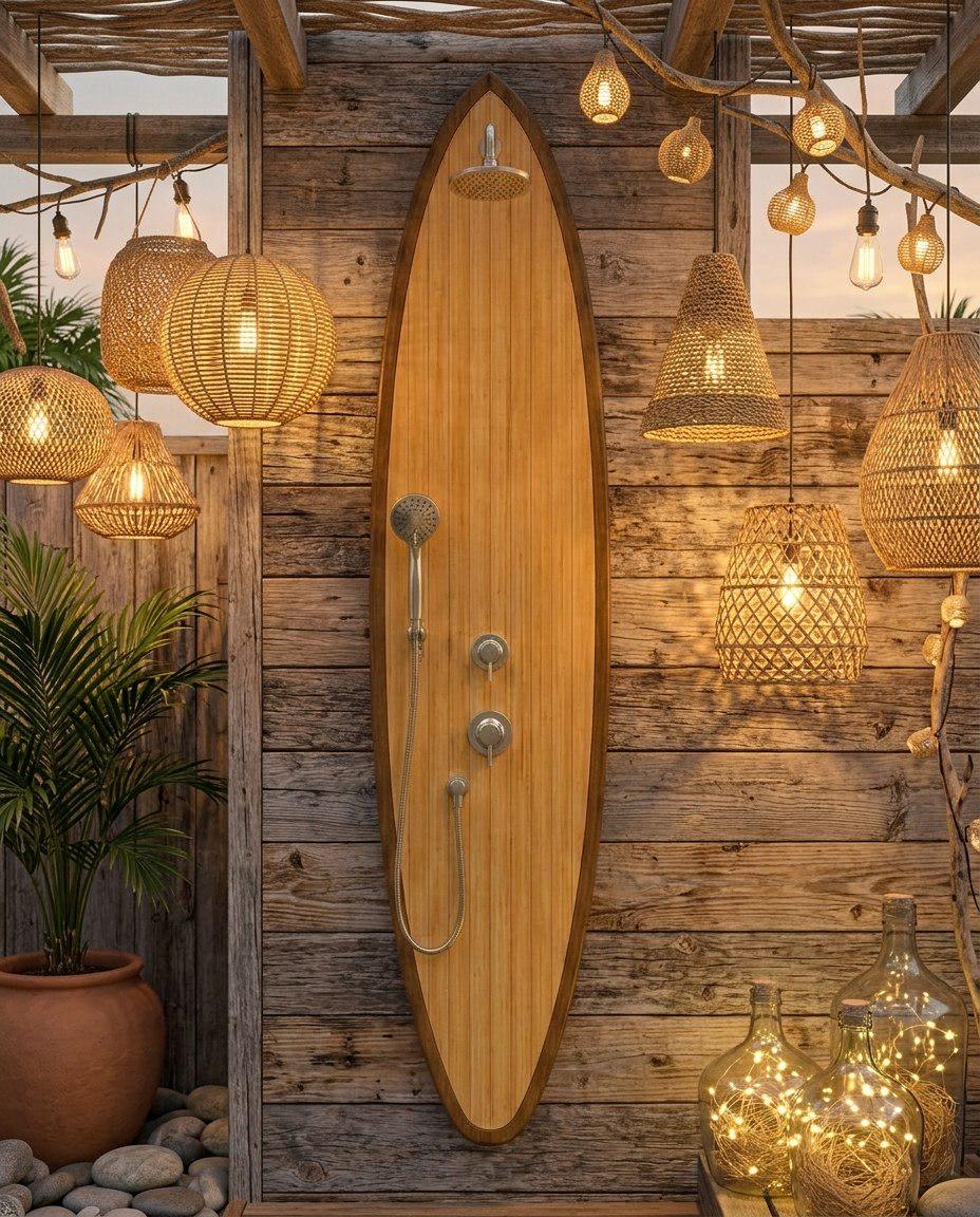 Surfboard Shower Panel – Modern Outdoor Shower for Poolside & Coastal Homes