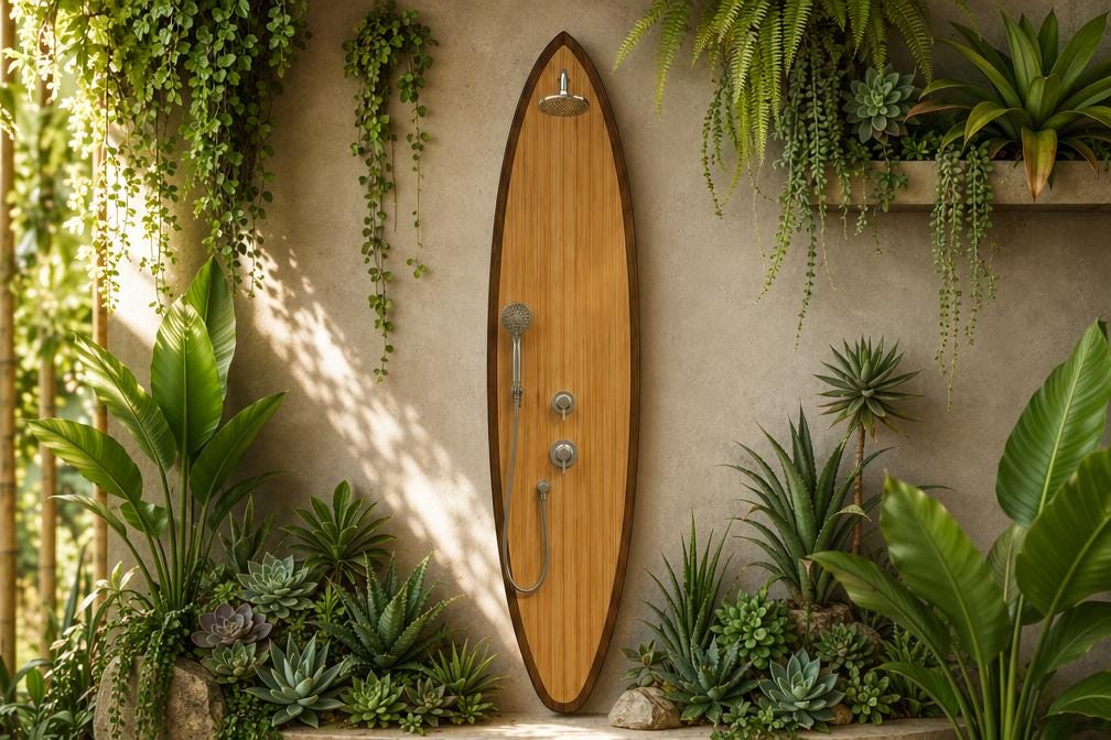 Surfboard Shower Panel – Modern Outdoor Shower for Poolside & Coastal Homes