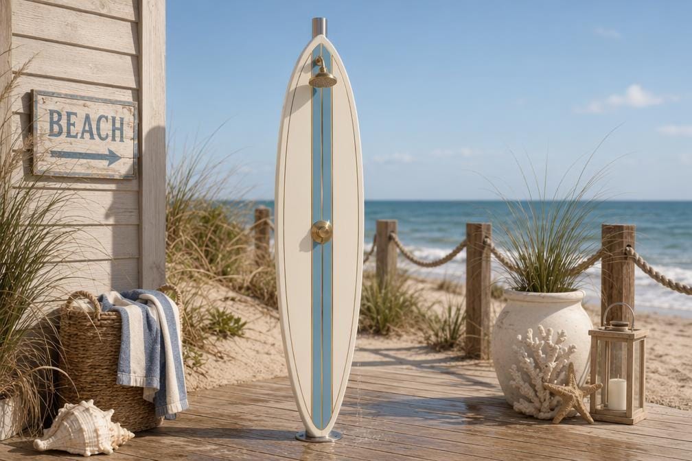 Classic Surfboard Shower Panel – Coastal Outdoor Shower for Garden, Patio & Poolside