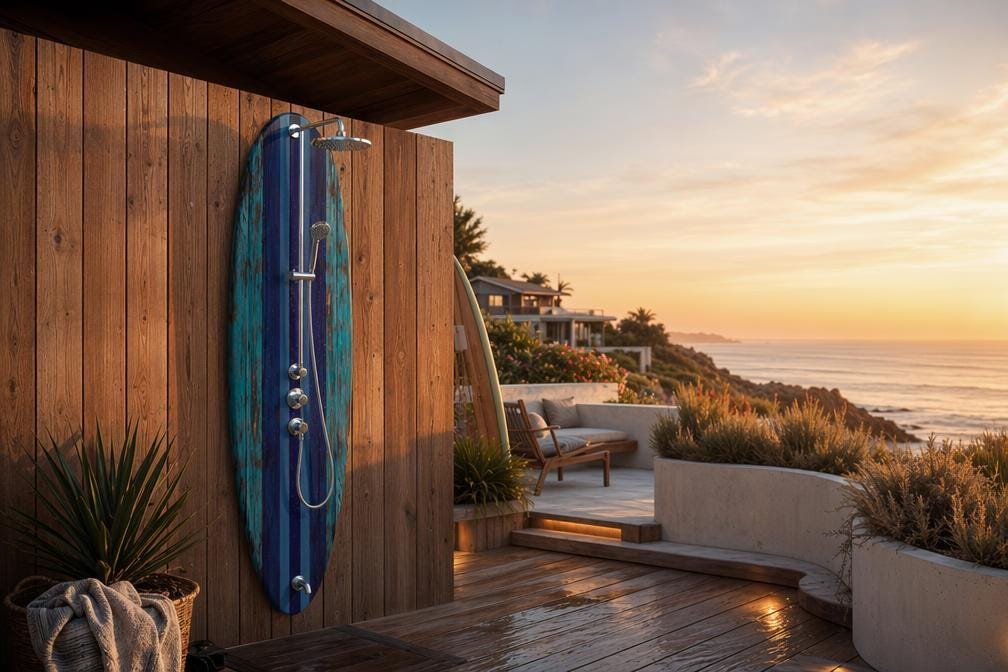 Surfboard Shower Panel, Weathered Turquoise Coastal Decor, Rustic Surf Art