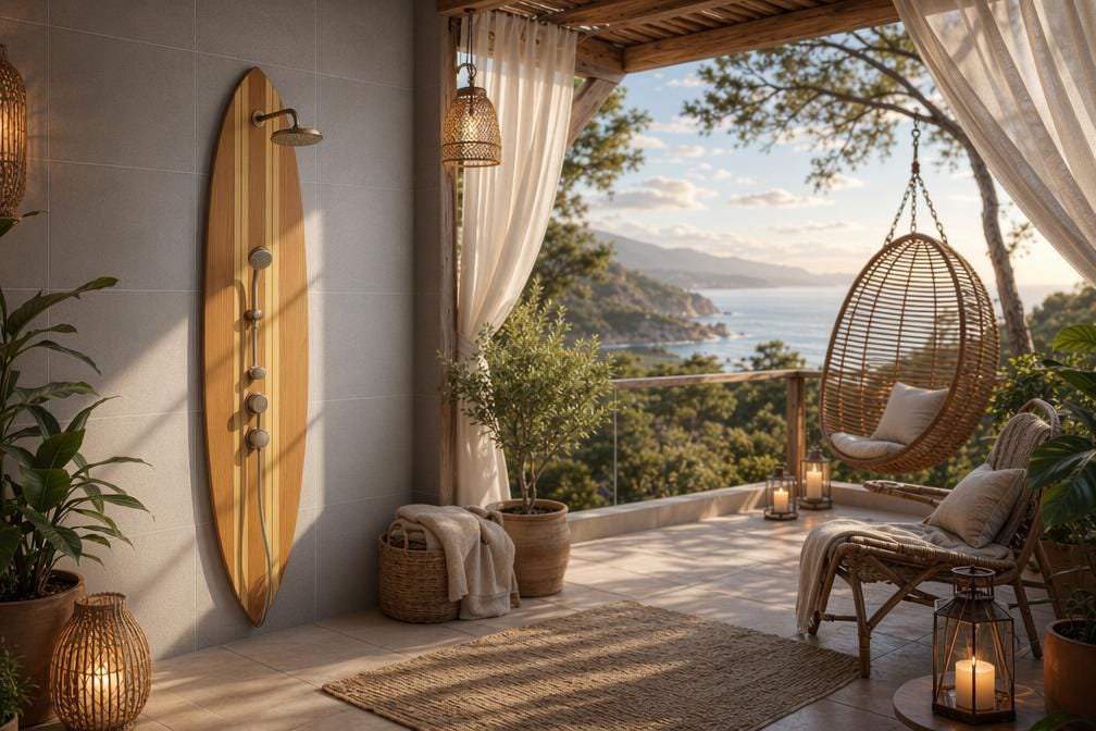 Surfboard Shower Panel – Classic Wood Finish