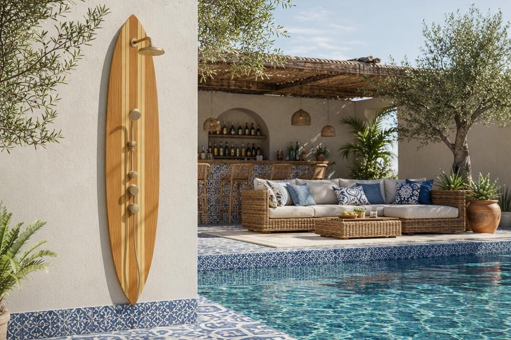 Surfboard Shower Panel – Classic Wood Finish