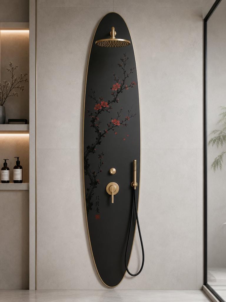 Zen Surfboard Shower Panel – Sakura Outdoor Shower, Japandi Spa Wall Decor