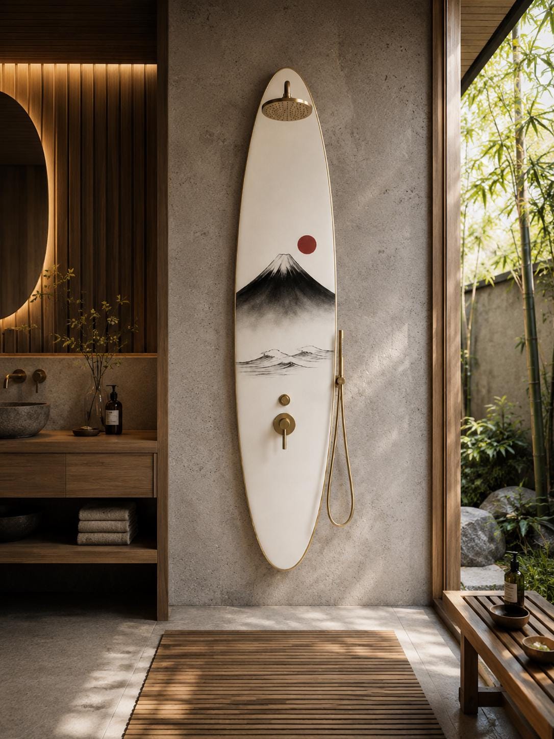 Mount Fuji Shower Panel – Zen Outdoor Shower | Japandi Garden & Spa Decor