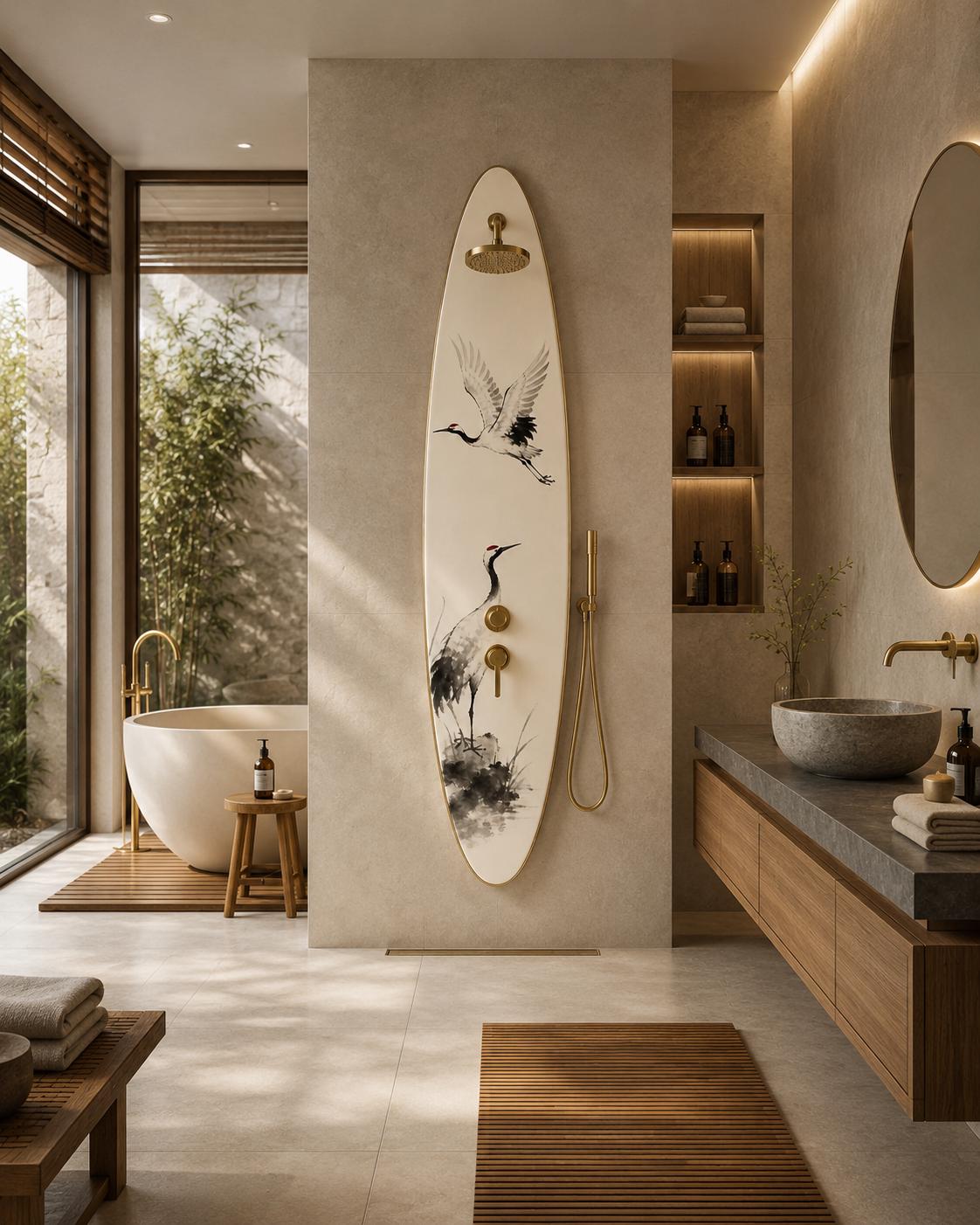 Japanese Crane Shower Panel – Zen Outdoor Shower | Japandi Spa Wall Decor