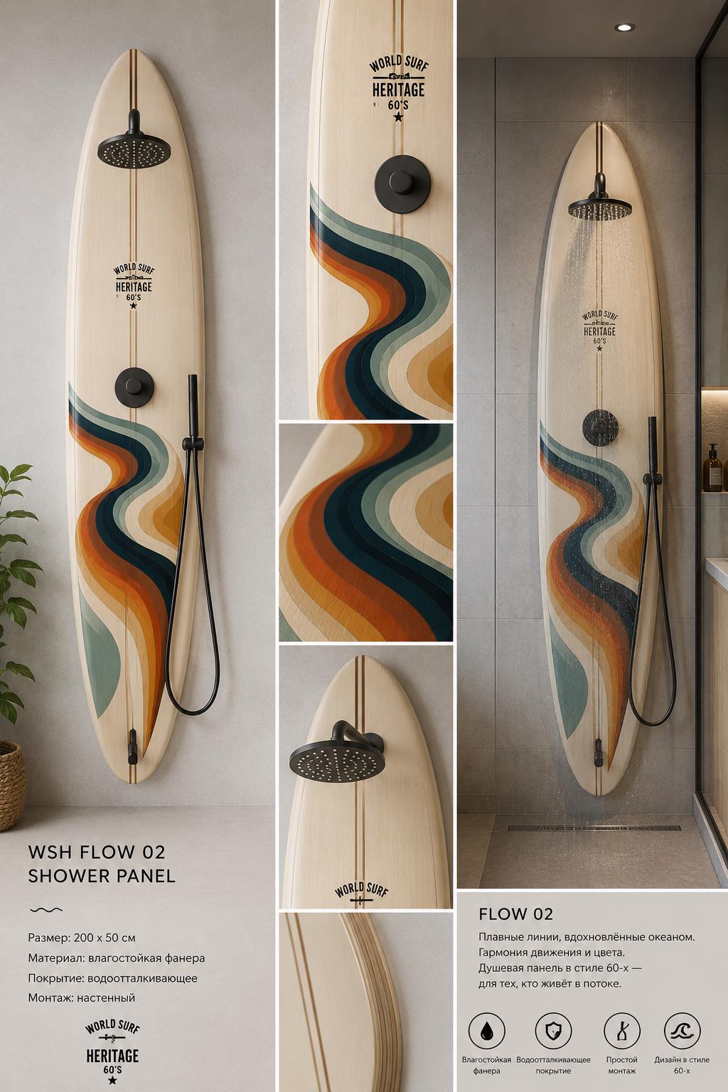 Retro Surfboard Shower Panel – Flow – World Surf Heritage Collection – Luxury Pool Shower