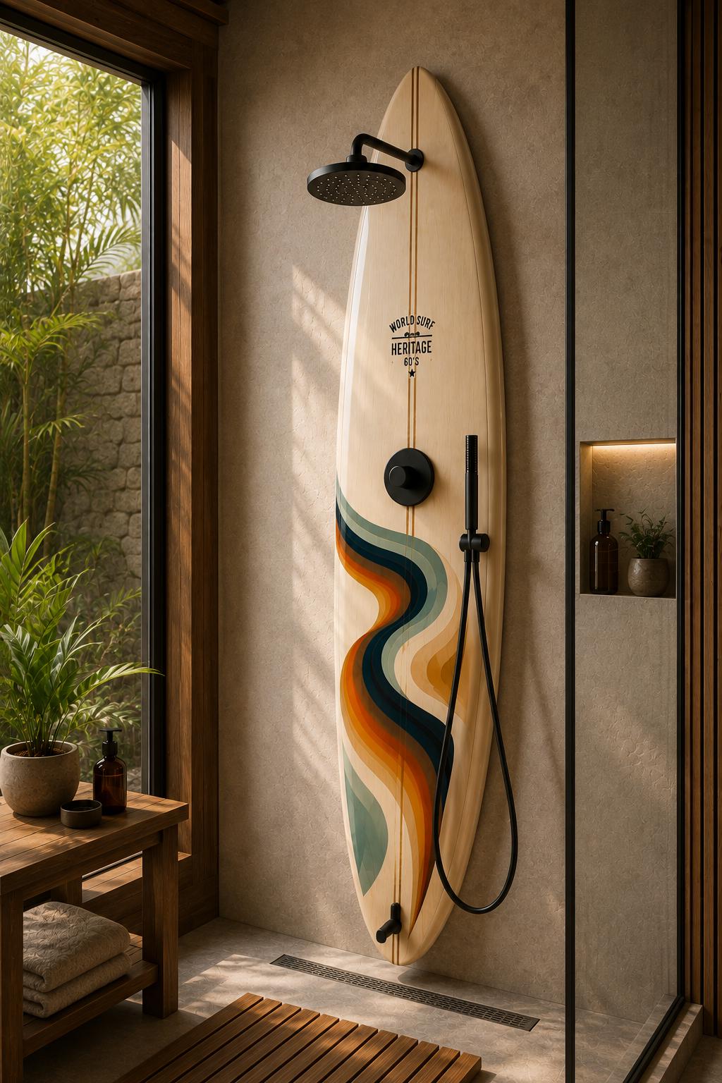 Retro Surfboard Shower Panel – Flow – World Surf Heritage Collection – Luxury Pool Shower
