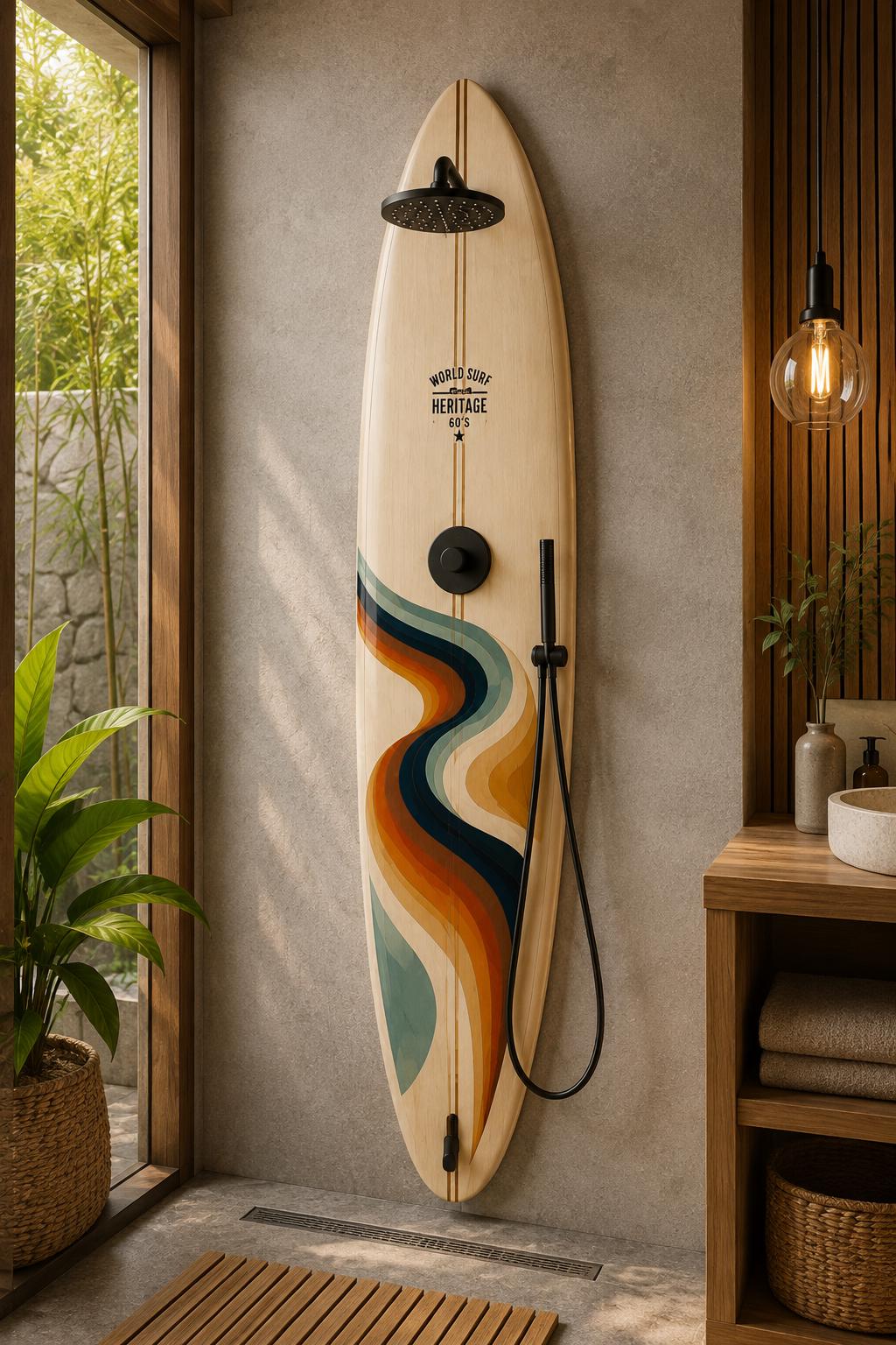 Retro Surfboard Shower Panel – Flow – World Surf Heritage Collection – Luxury Pool Shower