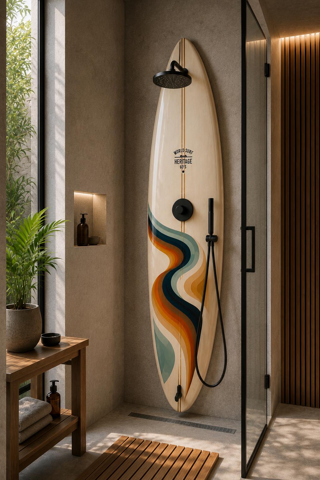 Retro Surfboard Shower Panel – Flow – World Surf Heritage Collection – Luxury Pool Shower