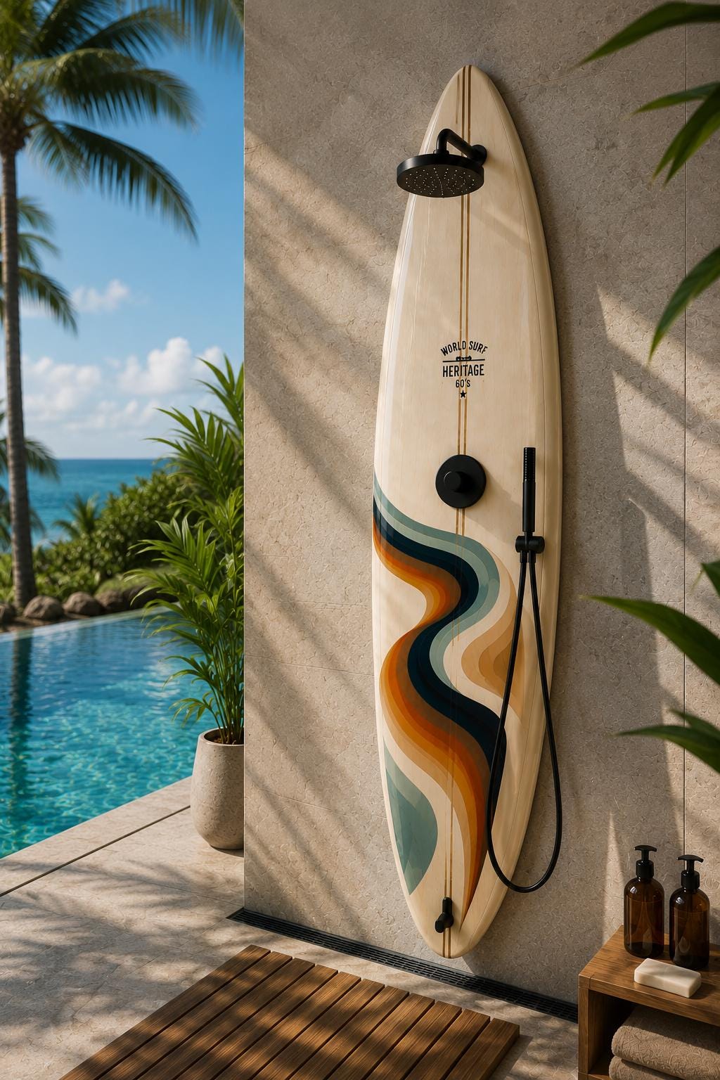 Retro Surfboard Shower Panel – Flow – World Surf Heritage Collection – Luxury Pool Shower