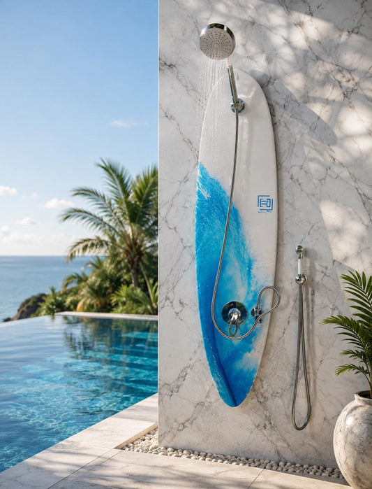 Surfboard Shower Panel, Ocean Wave Art, Minimal Coastal Bathroom Decor